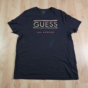 Guess T-Shirt Mens L Black Graphic Puff Print Logo Los Angeles Short Sleeve Tee